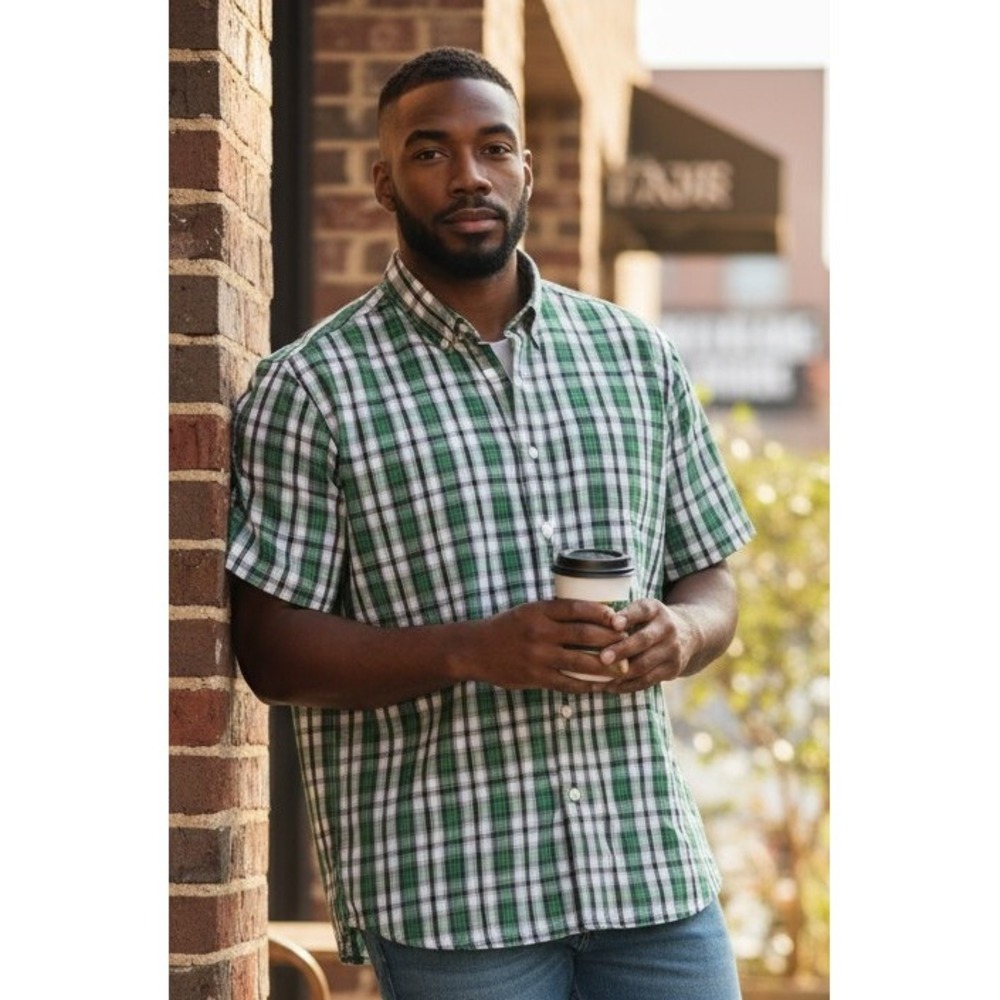 George XL Plaid Button Down Shirt Green White Short Sleeve Casual Office Preppy